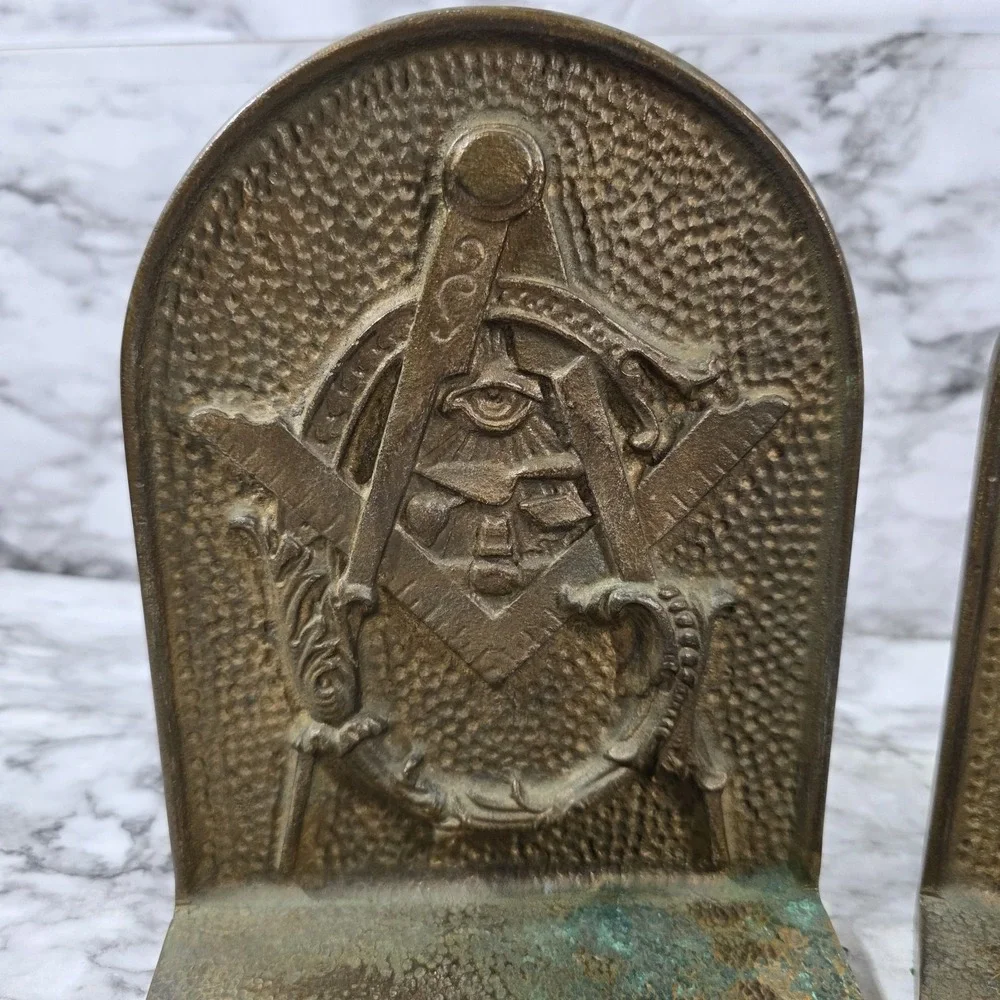 Vtg Masonic Brass Copper? Bookends Square And Compasses Pair Freemason Eye